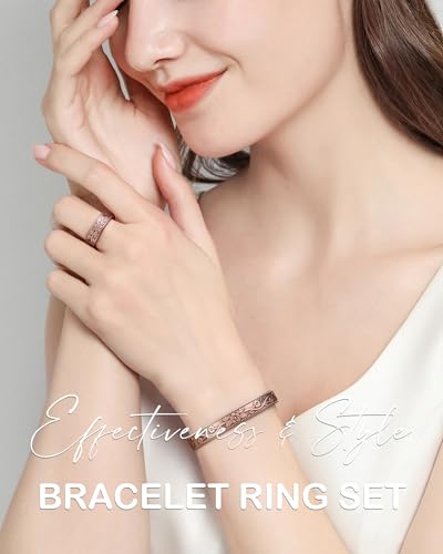 Feraco Copper Bracelet & Rings for Women, Vintage Flower Magnetic Bangle