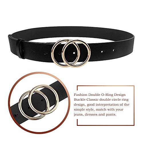 Women's Pu Leather Belt Double O Ring Soft Faux Leather Waist Belt