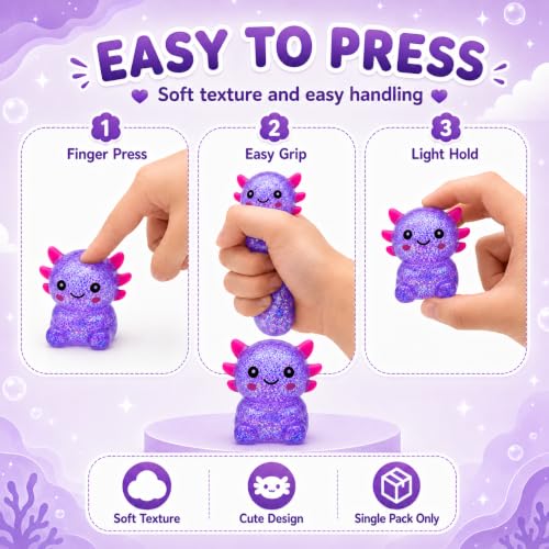 Axolotl Squishy Stress Relief Toy for Kids & Adults, Cute Glitter Sensory Fidget Toy, Soft Squeeze Toy for Anxiety Relief, Birthday Party Favor Gift (Purple)