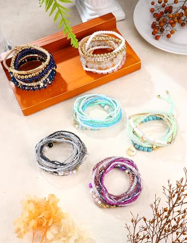 6 Sets Bohemian Stackable Bead Bracelets for Women Stretch Bohemian Style Stretch Multilayered Boho Bracelet Set