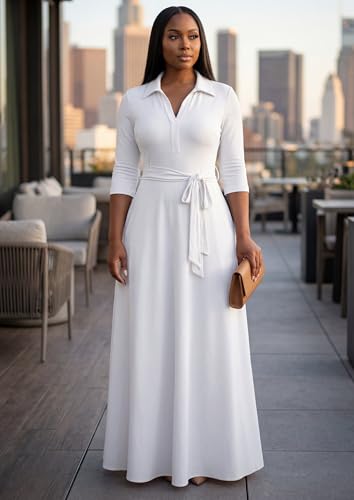 Maxi Dresses for Women Casual V Neck 3/4 Sleeve Long Church Dress Semi Formal Outfits with Pockets