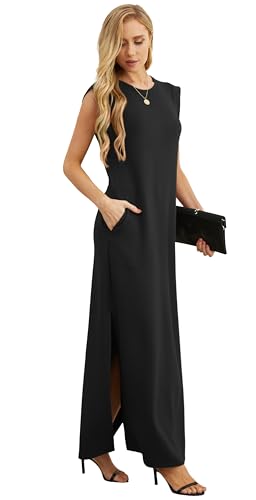 GRECERELLE 2026 Women Year-Round Casual Round Neck Loose Split Wrinkle-Free Long Maxi Vacation Dress with Pockets (XXS-4XL)
