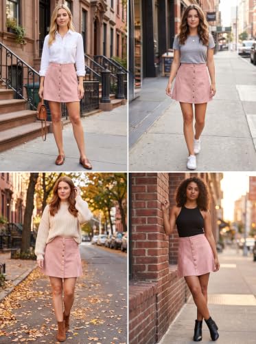 Fuinloth Women's Faux Suede Mini Skirt Button Front High Waist A-Line Flare