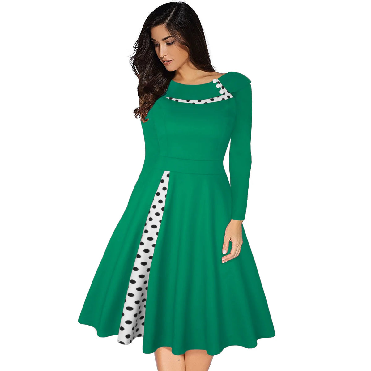 Dress Rockabilly Polka Dot Print Sexy Patchwork Long Sleeve High Waist Swing Casual Party Midi Vestidos Robe