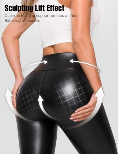 Faux Leather Leggings for Women, Tummy Control Fleece-Lined