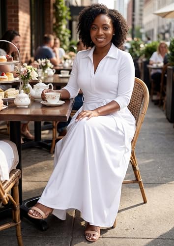 Maxi Dresses for Women Casual V Neck 3/4 Sleeve Long Church Dress Semi Formal Outfits with Pockets