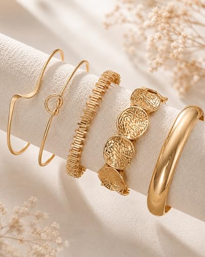 Gold Bangle Bracelets for Women, Dainty Knot 14K Gold Plated Multi Layer Bangle Cuffs, Personalized Boho Chunky Bracelets for Women Jewelrys Set Gifts