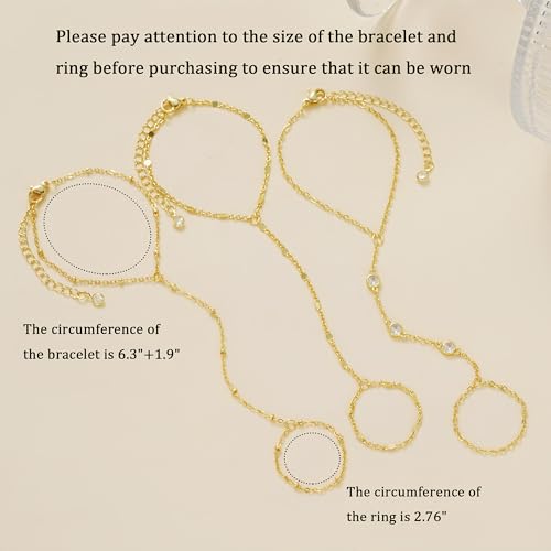 3PCS 14K Gold-Plated Hand Chain Bracelets for Women, Stack Bracelets Set Adjustable, Trendy Dainty Ring Bracelet Hand Chain