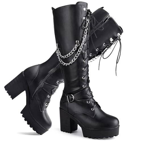 Ladies' Boots Women Fashion Platform Block Heels Knee High Boots Lace up