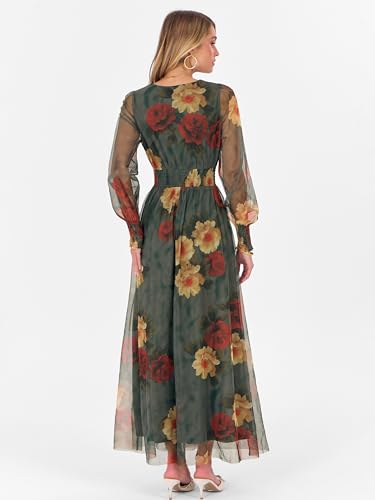 ANRABESS Women's Fall Wedding Guest Tulle Floral Long Sleeve Maxi Dress