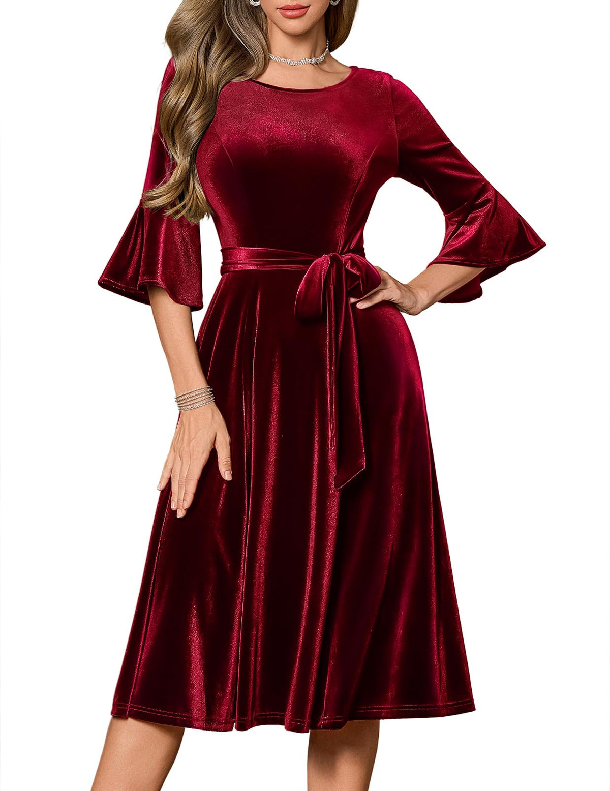 HomRain Long Sleeve Midi Velvet Dress for Women Vintage Christmas Dresses