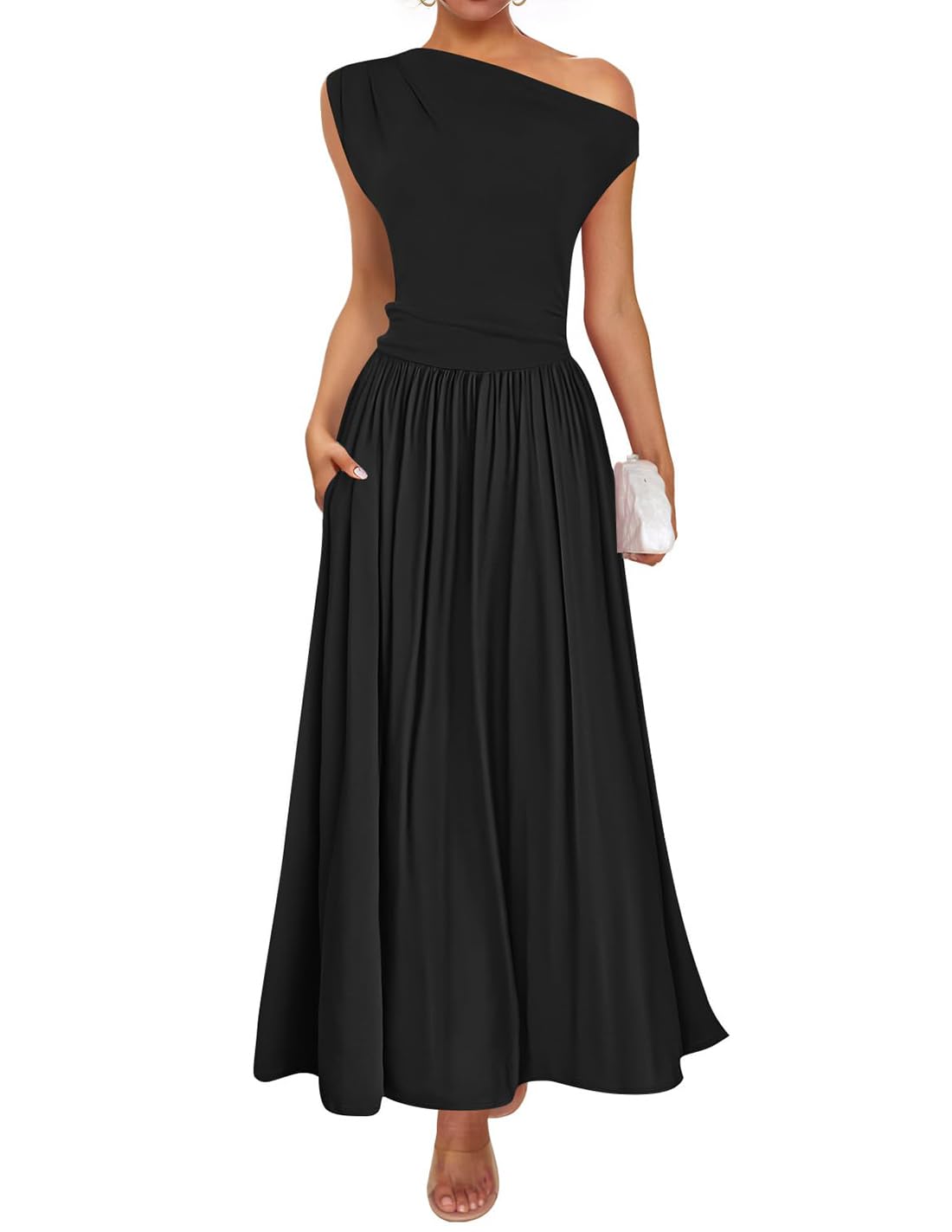 ZESICA Womens Sleeveless One Shoulder Maxi Dress with Pockets