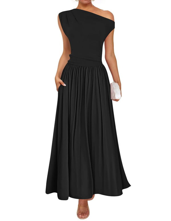 ZESICA Womens Sleeveless One Shoulder Maxi Dress with Pockets