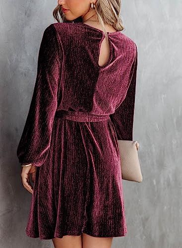 Happy Sailed Women's Velvet Dress Lantern Sleeve High Waist A-Line Skater Cocktail Party Dresses with Belt Business wear Secondary image