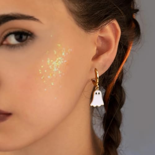 Halloween Ghost Earrings for Women – Spooky Cute 14K Gold Plated Hoop Dangle Jewelry, Fun Halloween Accessories Gifts