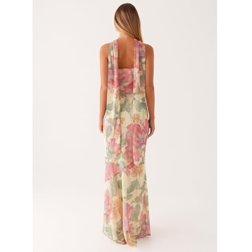 Women Floral Tube Maxi Dress with Scarf Summer Strapless Tube Bodycon Mesh Layer Cocktail Party Wedding Guest Dress