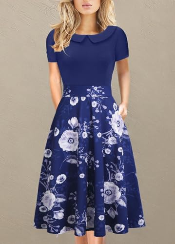 Women's Elegant Vintage Dresses Knee Length Casual Floral Print Work Party Peter Pan Collar A-Line Dress with Pockets 978