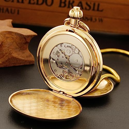 Men's Mechanical Pocket Watch with Chain, Vintage Full Copper Hand-Win