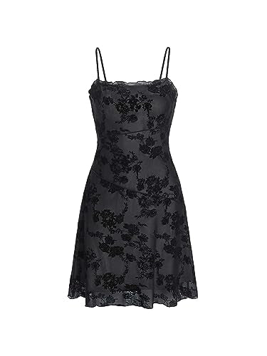 Verdusa Women's Mini Dress Floral Mesh Spaghetti Strap Short Dresses Y2k
