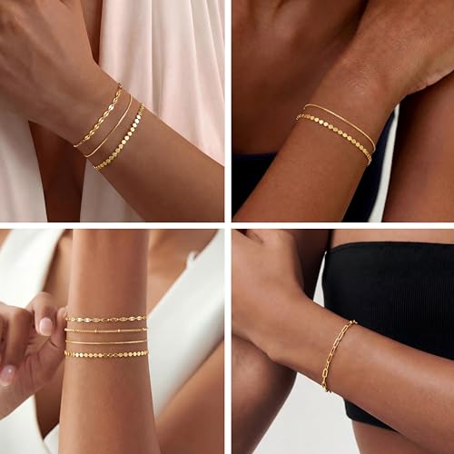 Dainty Simple Gold Bracelets for Women, Stackable Satellite Paperclip Lip 14K Gold Plated Bracelet Set Tiny Lip Dot Chain Box Link for Minimalist Gift Cute Trendy Jewelry Gold Accessories for Women
