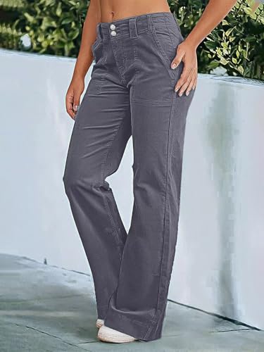 Women Mid Waist Dress Flare Straight Leg Corduroy Pants