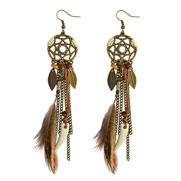 Punk Vintage Long Tassel Feather Beads Drop Wolf Tooth Pendant Earring Fish Hook Earrings Suitable to Wear At All Times