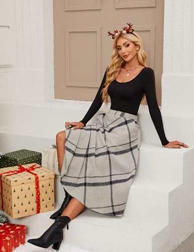 Tanming Womens Plaid Skirt Wool A‑Line Pleated Long Skirt