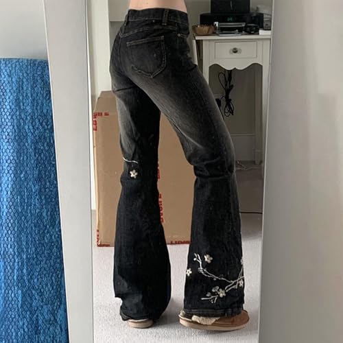 Women Bell Bottom Jeans Stretchy Flare Mid Rise Embroidery Vintage
