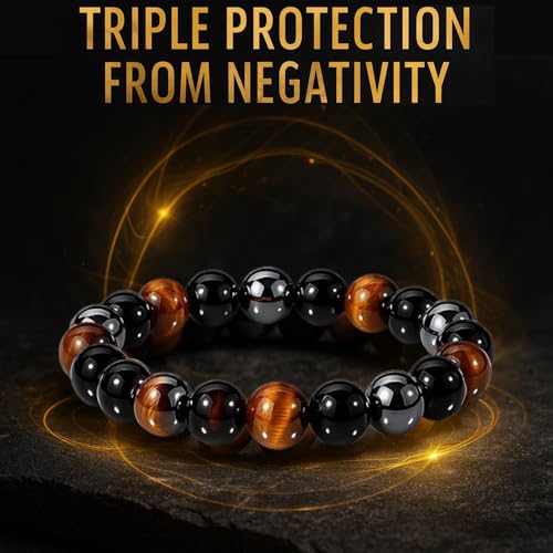 WFJ Black Obsidian Hematite Triple Protection Bracelets Set - Tiger Eye Beaded Natural Stone Bracelet for Men Women Gemstone (10MM)