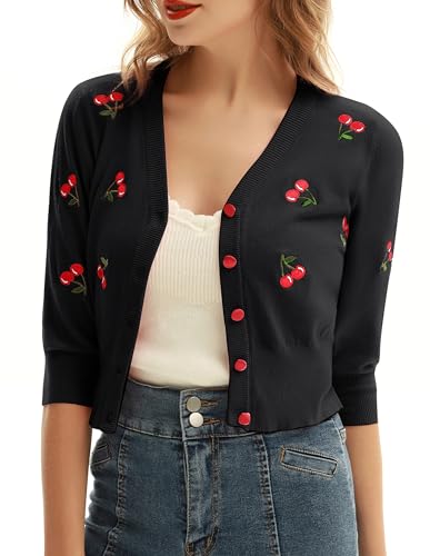 Belle Poque Women's 3/4 Sleeve V-Neck Button Down Cherries Embroidery Cropped Cardigan Sweater Coat