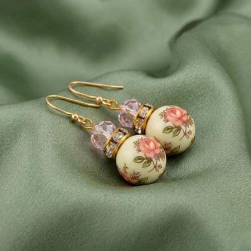 1928 Jewelry Pink Floral Decal Beaded Drop Earrings