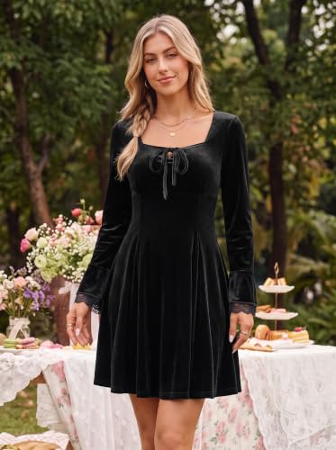 Dokotoo Womens Fall Dresses Lace Long Sleeve Velvet Dress