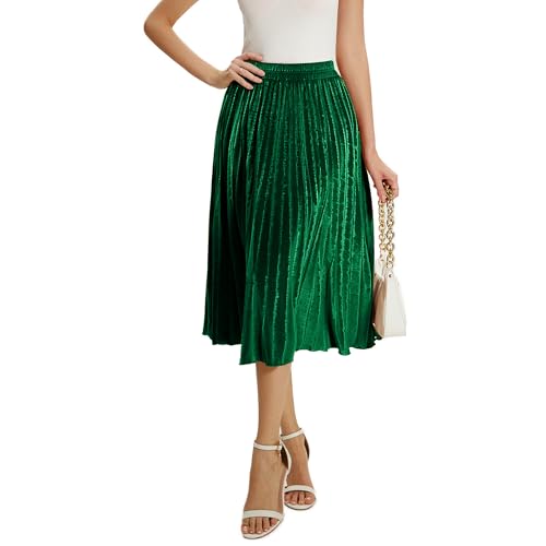 TONCHENGSD Women's Fall Winter Velvet Midi Skirt High Elastic Waist Pleated Skirt