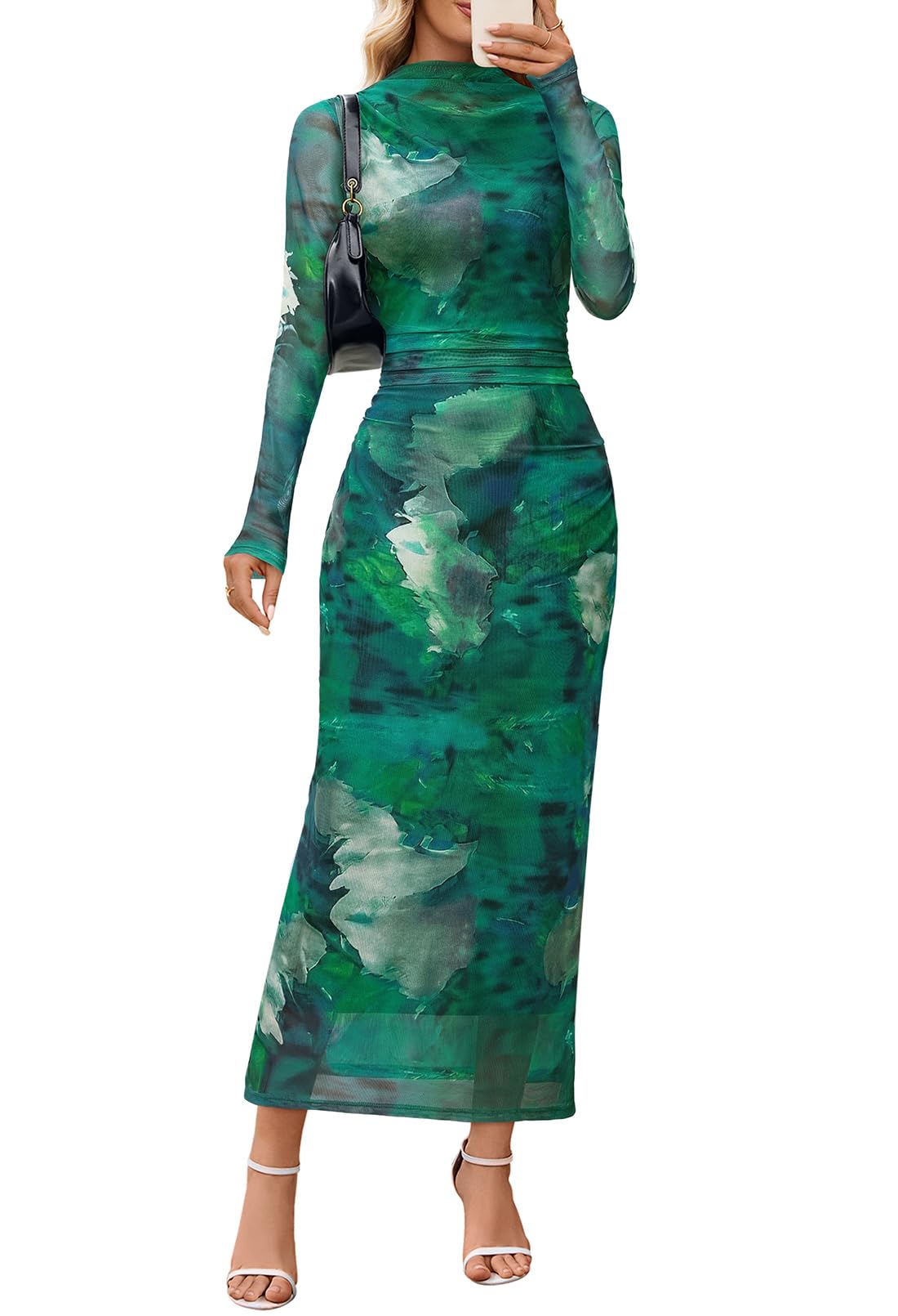 MEROKEETY Womens Fall Long Sleeve Floral Wedding Guest Maxi Dress