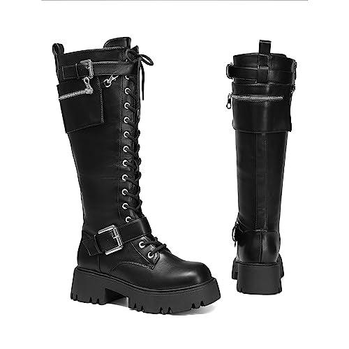 DREAM PAIRS Womens Knee High Combat Boots Platform Heels