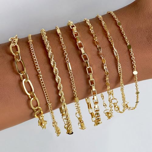 IFKM Gold Bracelets for Women, 14K Gold Plated Dainty Link Chain Bracelet set, Trendy Stackable Layered Bracelets jewelry Gifts