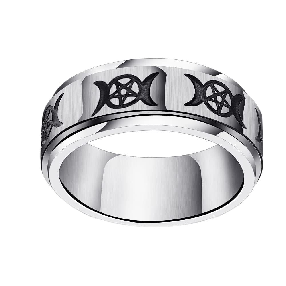 Fuqimanman2020 Goddess Pentagram Stainless Steel Wicca Pagan Triple Moon Spinner Band Ring Celtic Knot Rotatable Anxiety for Men Women Wedding Engagement Promise Jewelry