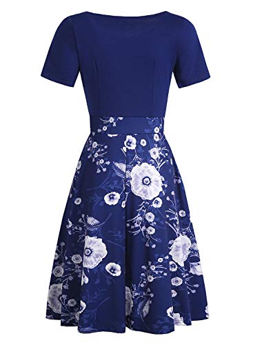 Women's Elegant Vintage Dresses Knee Length Casual Floral Print Work Party Peter Pan Collar A-Line Dress with Pockets 978