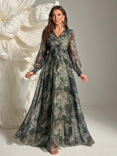 Womens Summer Dresses,Floral Patterns Vintage Elegant Cocktail Long Sleeve Boho Casual Maxi Wedding Guest Dresses for Women