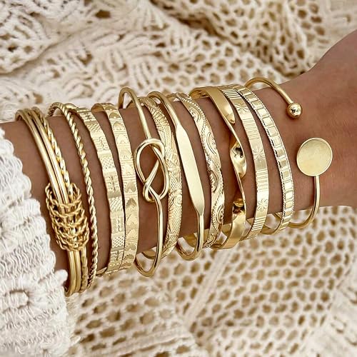 Gold Bangle Bracelets for Women, 14 Pcs Multi Layer Stackable Bangle Set, 14K Gold Plated Textured Chunky Bracelets Boho Jewelrys Set