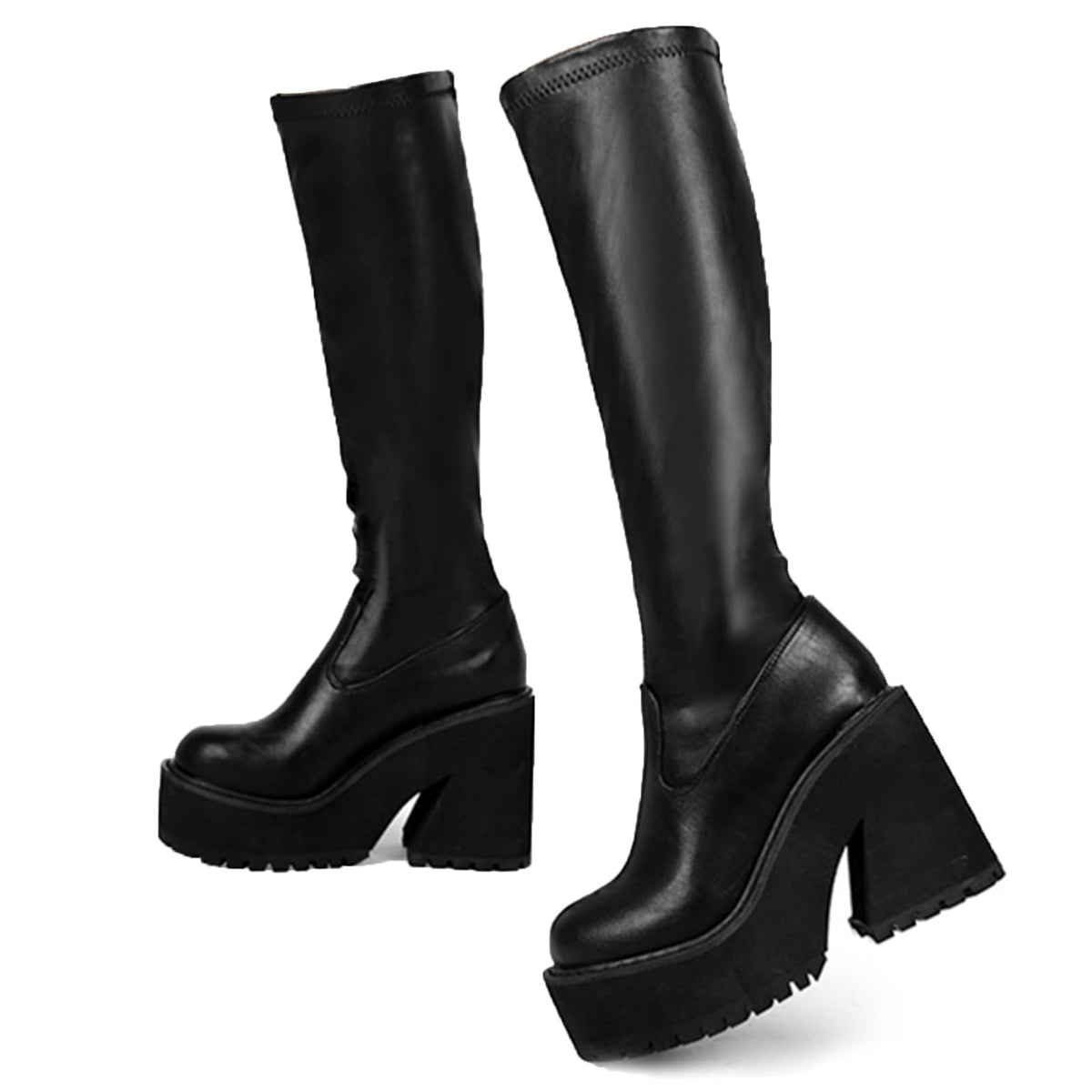 Platform Knee High Boots Elastic Wedge Chunky Heel Tall Boots