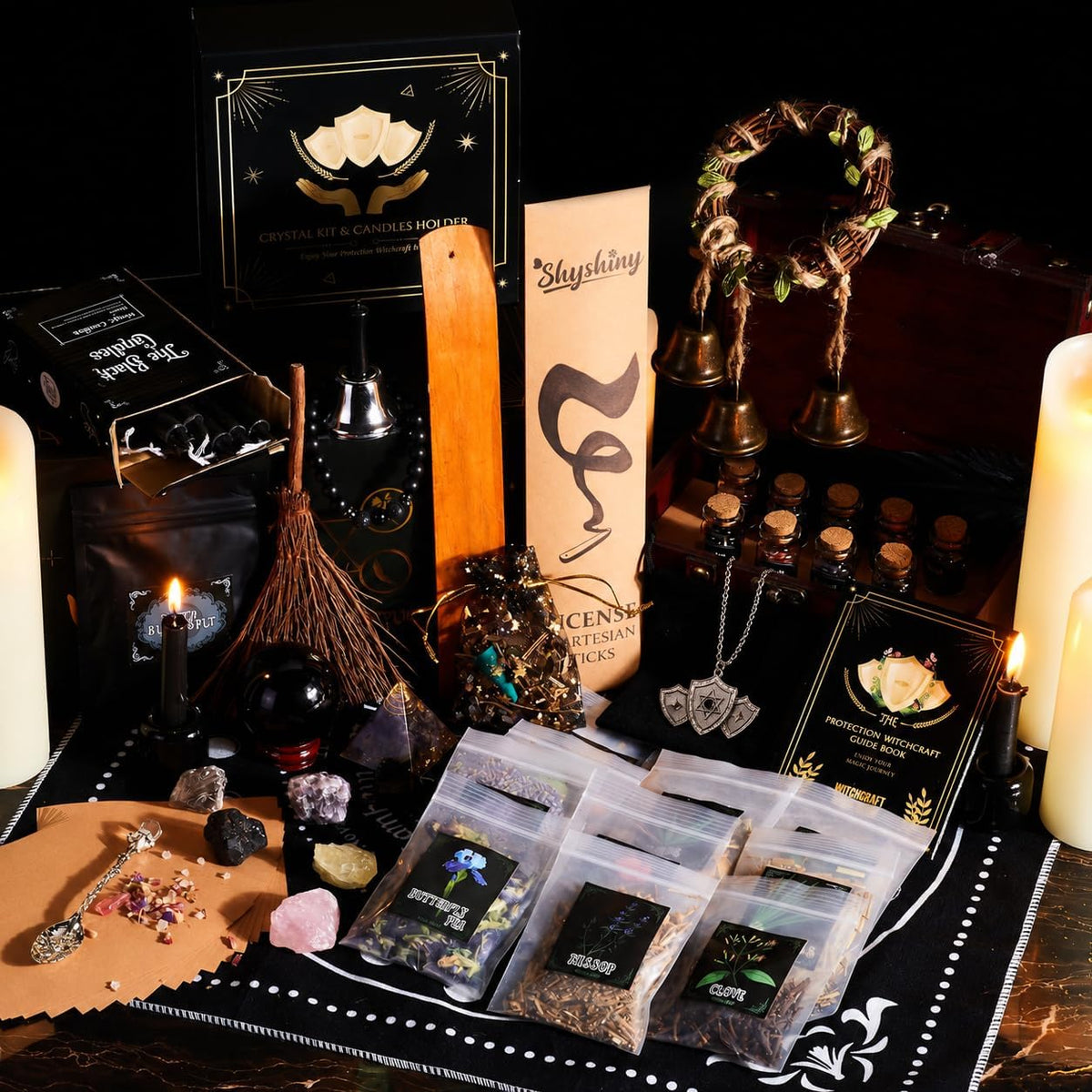 Wiccan Supplies and Tools for Protection, 130Pack Witchcraft Supplies Witchy Gift for Beginners, Dried Herbs, Crystals, Candles, Witch Starter Spell Kit