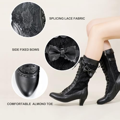 Women Vintage Victorian Boots Lace Mid Calf Granny Boots Zipper Costume Renaissance Shoes Mid Heel Wedding Dress Boots with Bows
