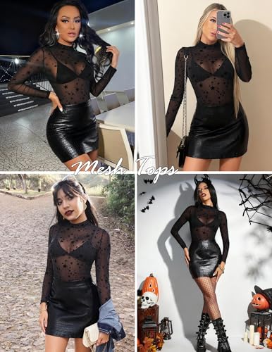 Mesh Top for Women Long Sleeve See Through Mesh Shirt Sheer Blouse Clubwear