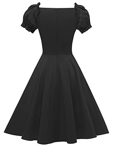 Women's Puff Short Sleeve 1950s Party Dresses Square Neck Aline Dress with Pockets