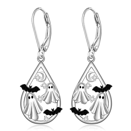 Halloween Earrings S925 Sterling Silver Ghost Bat Spider Cat Jewelry Gift