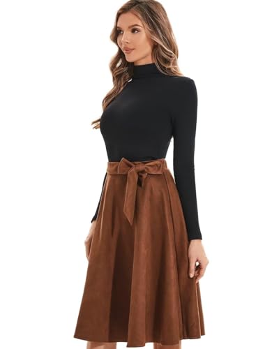 DIASHINY Faux Suede Knee Length Skirt for Women High Waist Flared Stretch A Line Midi Skater Skirts