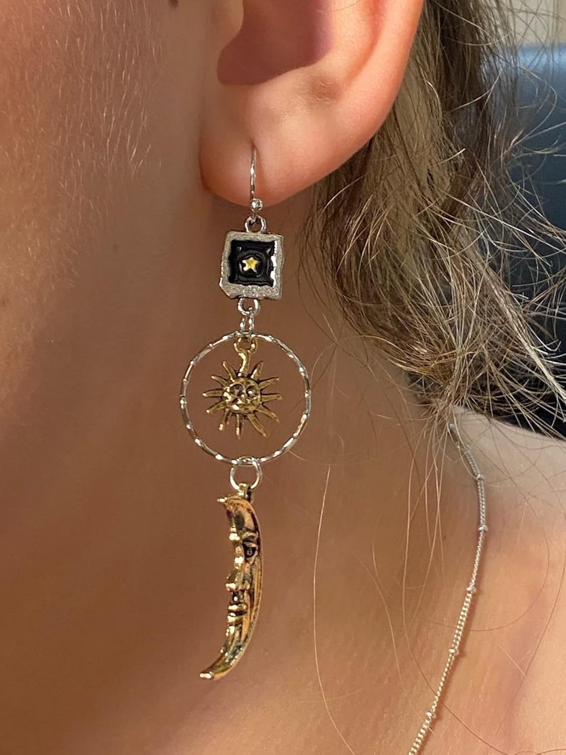 Vintage Sun Moon Star Asymmetric Drop Earrings