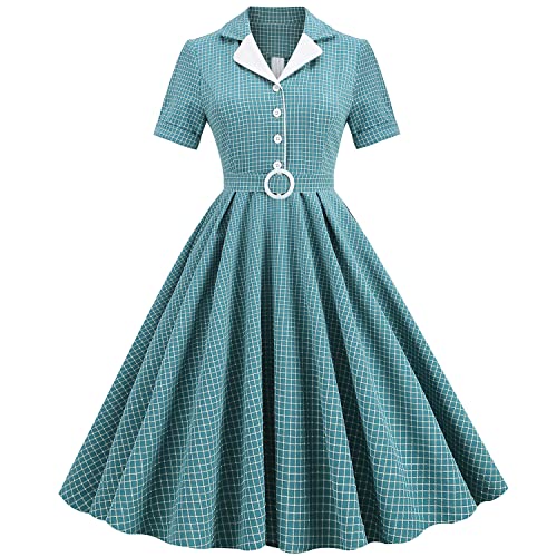 Women 1950s Vintage Short Sleeve Peter Pan Collar Retro Swing A Line Midi Summer Dress Cocktail Party Evening Prom Gown