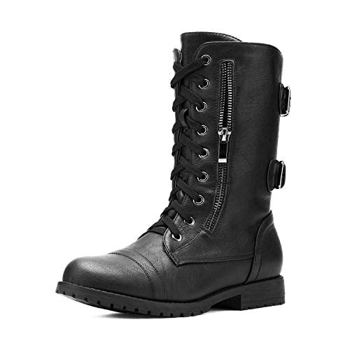 DREAM PAIRS Women's Mid Calf Built-in Wallet Pocket Lace up Military Combat Boots